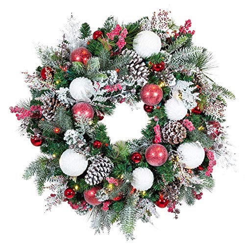 [30 Inch Artificial Christmas Wreath] - Frosted Wonderland Collection - Red White Decoration - Pre Lit With 50 Candy Cane Colored Led Mini Lights - Includes Remote Controlled Battery Powered Timer #TOP7