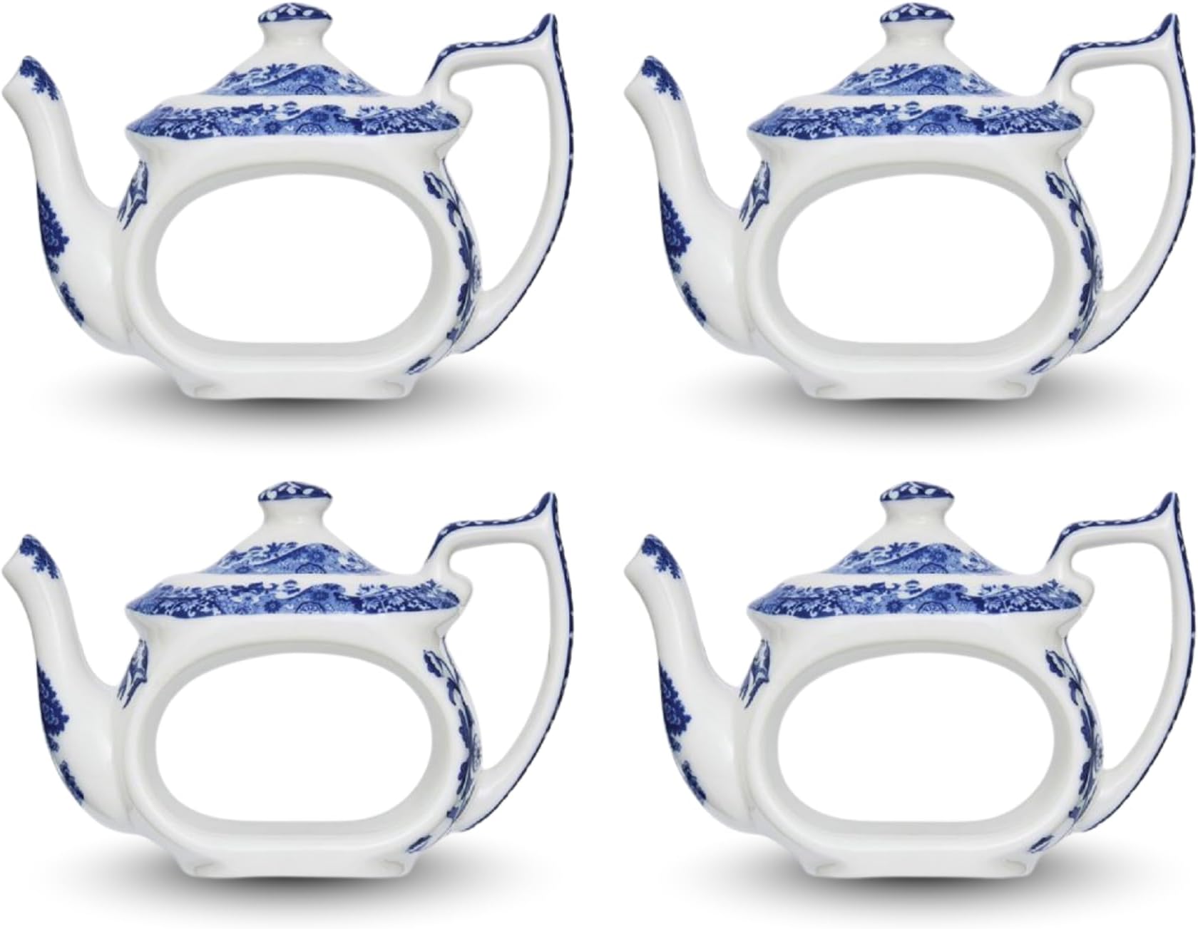 Blue Italian Napkin Rings - Set of 4, Teapot Shaped Blue & White Table Accents for Dining Room Decor - Decorative Napkin Holders for Tableware & Seasonal Place Settings
