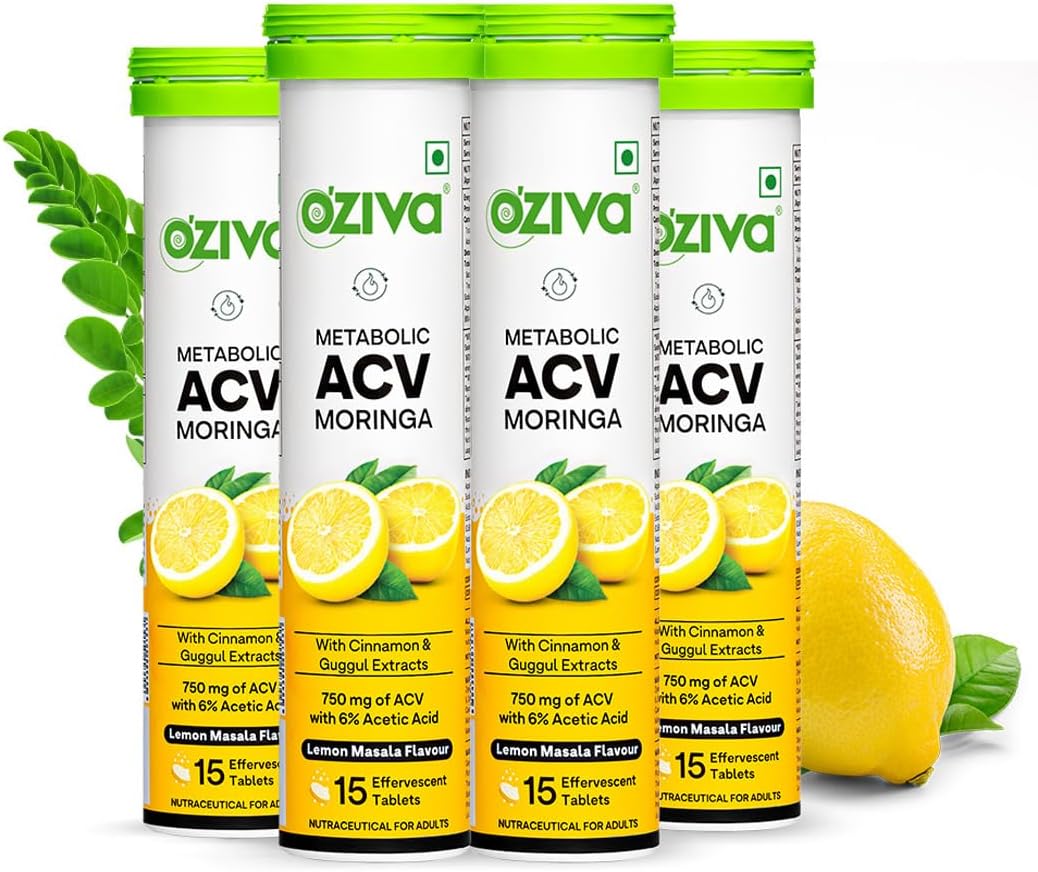OZiva ACV Moringa | Control Cravings I Apple Cider Vinegar, Cinnamon, Guggul I No Maltodextrin & No Added Sugar I 15 Effervescent Tablets - Lemon Masala, Pack of 4 (60 tablets).