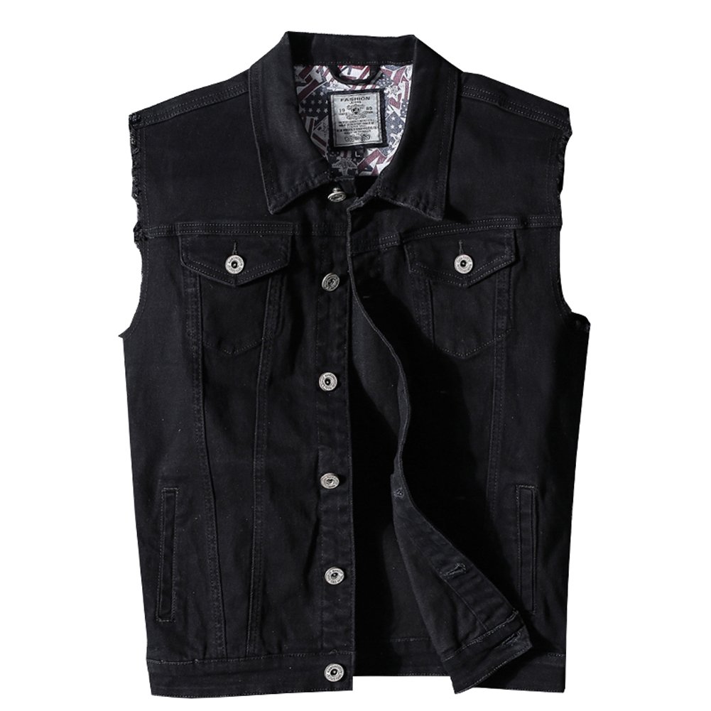 Men's Casual Button-Down Denim Vest Sleeveless Jacket with Broken Holes, Black, Large