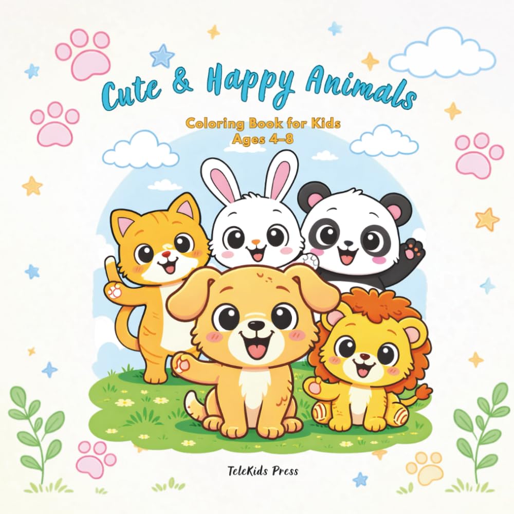 Cute & Happy Animals: Coloring Book for Kids Ages 4-8