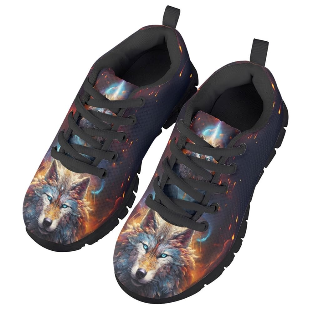 DUOLIFU Boys Wolf Print Slip On Sneakers Lace-up Lightweight Breathable Athletic Running Shoes,Cool Orange Wolf,12 US