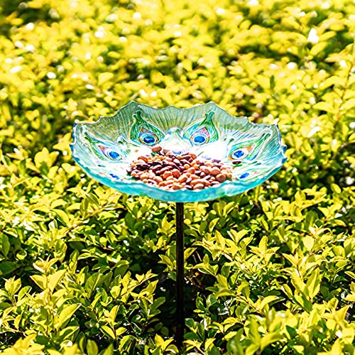 Mumtop Glass Bird Bath, Garden Outdoor Birdbaths Birdfeeder With Metal Stake Peacock #TOP3