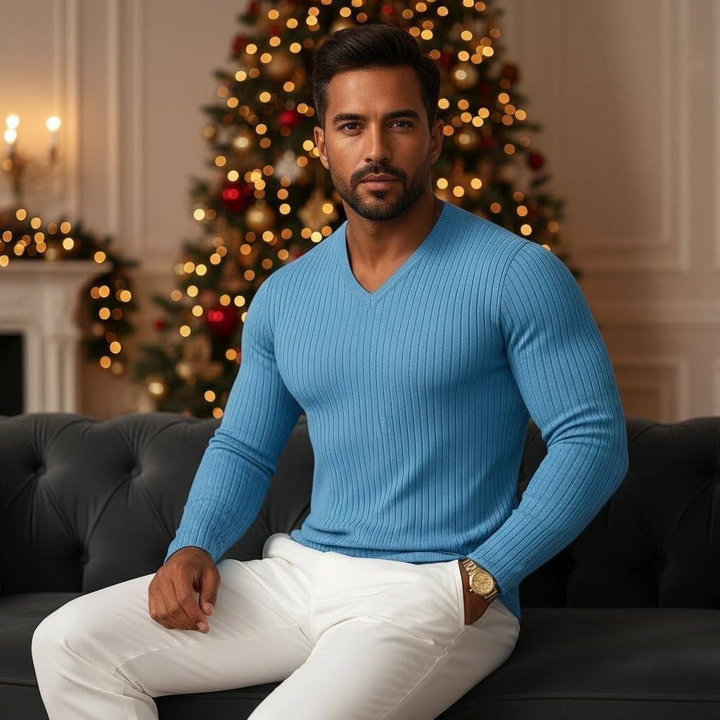 Men's T Shirt Ribbed Knit tee Long Sleeve V Neck Spring Fall Winter Plain Pit Strip Fashion Designer Basic Shirts - Image 2