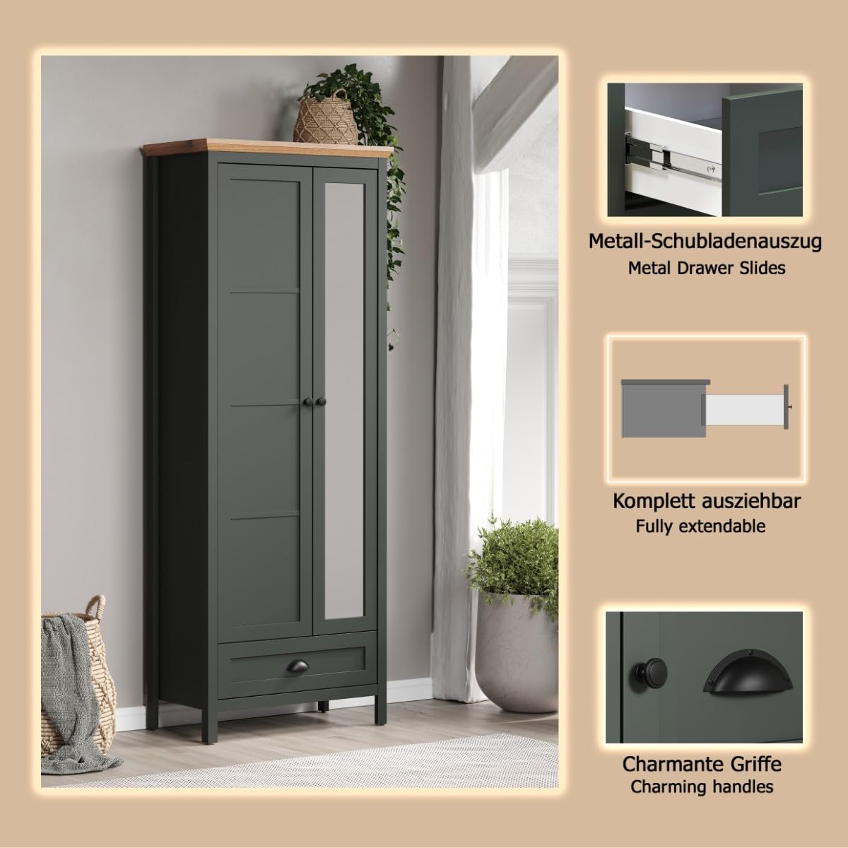 trendteam smart living - Stanton - Garderobenschrank - Tannengrün/Evoke Eiche - Flurschrank mit auziehbarer Kleiderstange - (BxHxT) 77 x 198 x 39 cm - Landhausstil