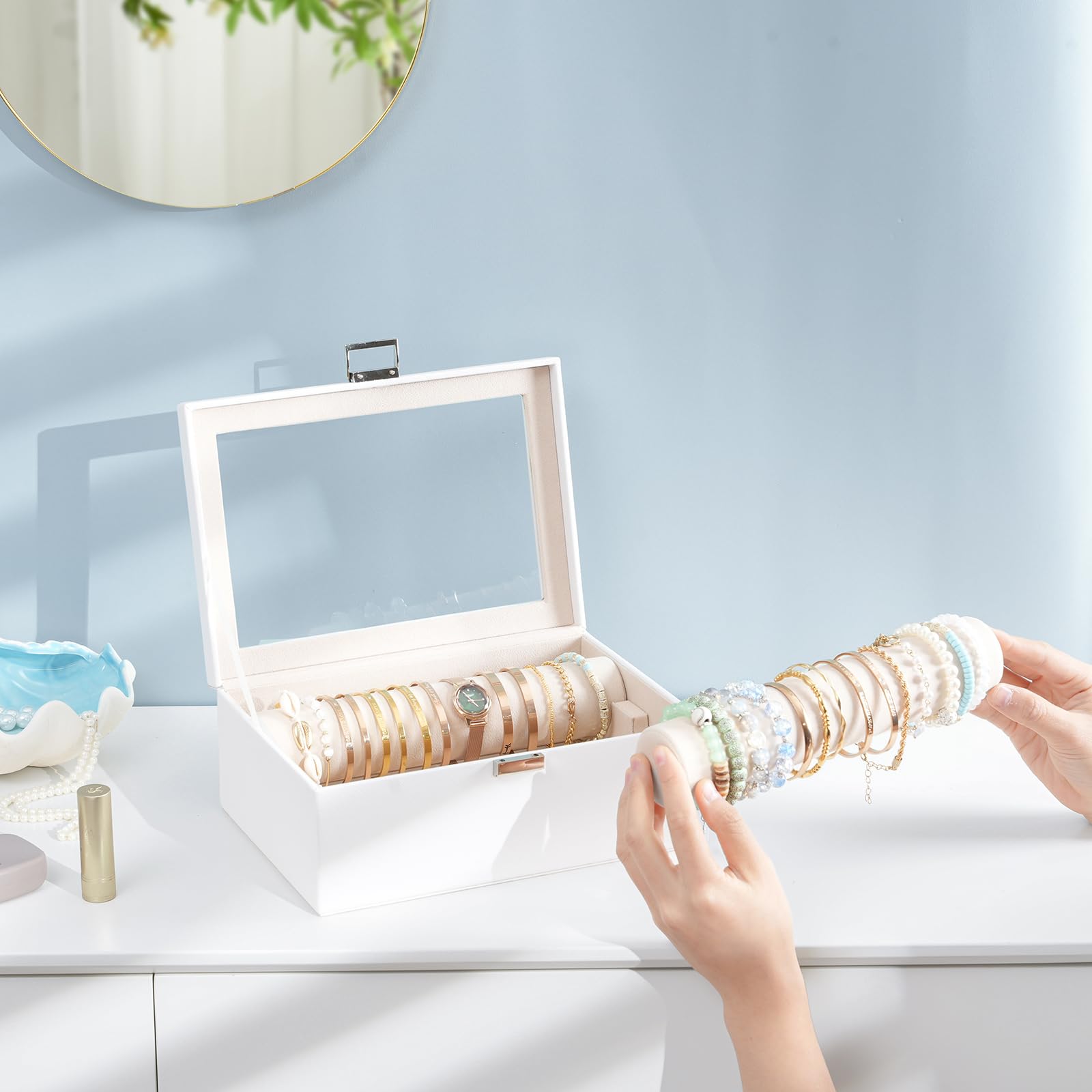 Lolalet Organisateur de Bracelets, Boîte à Bracelets et Montres avec Couvercle Transparent, Présentoir à Bijoux pour Femmes et Filles -2 Coussins, Noir