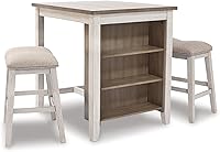 Ashley Skempton Counter Height 3-Piece Dining Set: Table + 2 Cushioned Barstools, Whitewash Wood Finish for Small Spaces