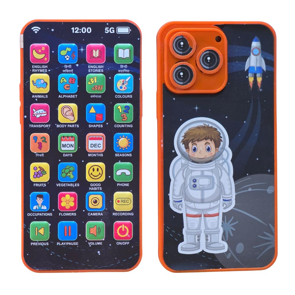 Rechargeable Educational Toy Mobile Phone for Kids, 24 Learning Modes Talking Dummy Mobile with Music Games, Hindi & English Astronaut Theme Toy Phone for Boys & Girls Age 2-12 Years-image-12