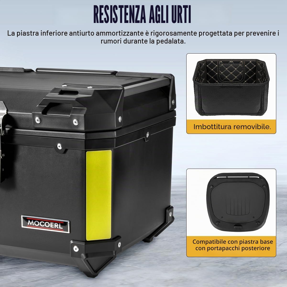 MOCOERL Bauletto per moto, colore nero, grande capacità, 45 l, impermeabile, in plastica ABS, per bagagli, per moto, boxe, supporto universale di fissaggio