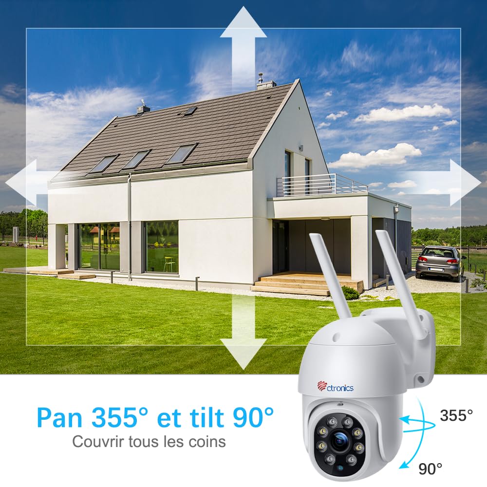 Ctronics Caméra Surveillance WiFi Extérieure 2K PTZ Caméra IP Vision Nocturne Couleur 30M Détection Humaine Suivi Automatique 355° 90° Audio Bidirectionnel IP66 Étanche Slot Carte TF(2 Pack) (Blanc) | Vision Nocturne Couleur 30M, Détection Humaine, Suivi