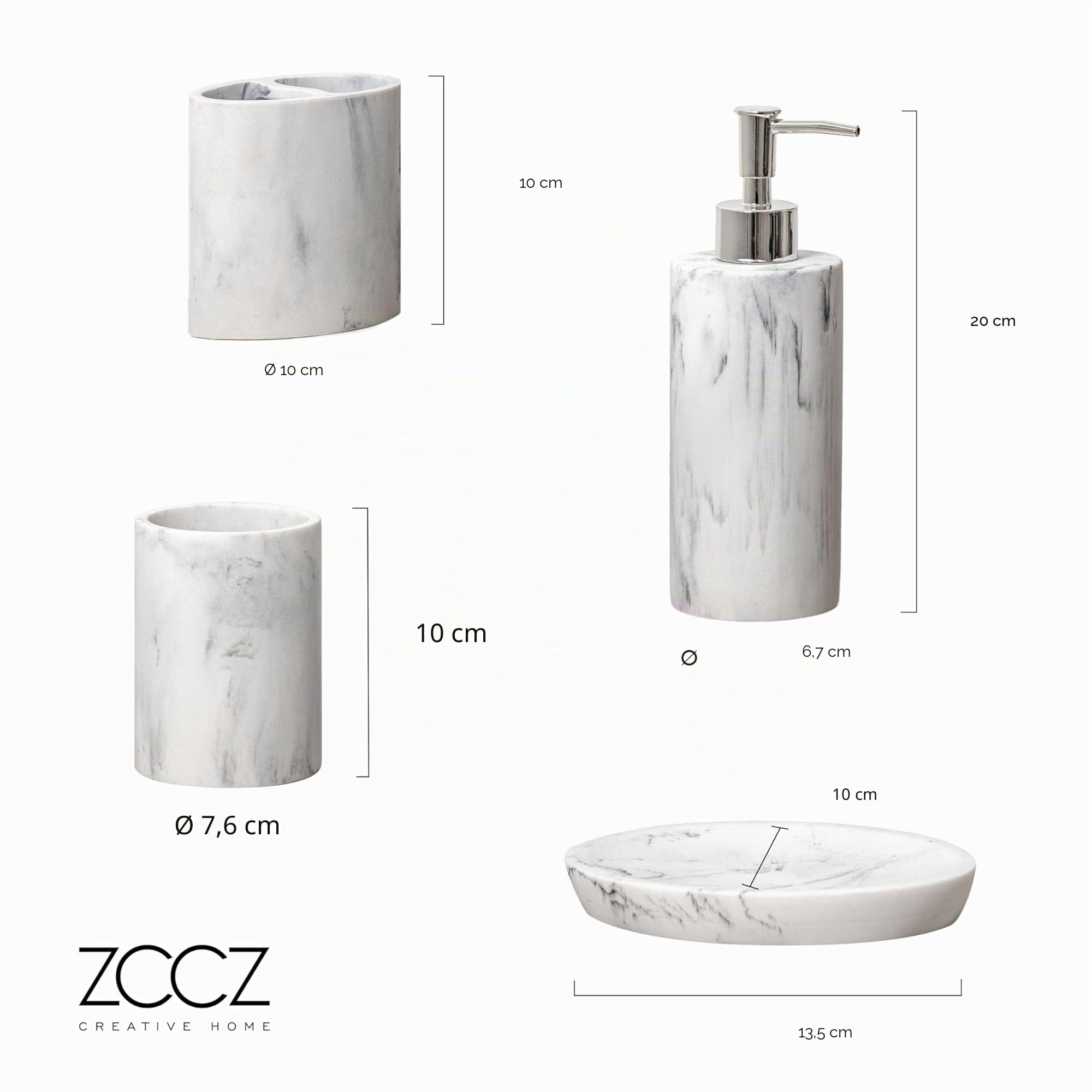 ZCCZ Set di accessori da bagno 4 pezzi, accessori decorativi per il bagno con dispenser di sapone, portaspazzolino, bicchiere da bagno, portasapone, effetto marmo, set di accessori da bagno bianco