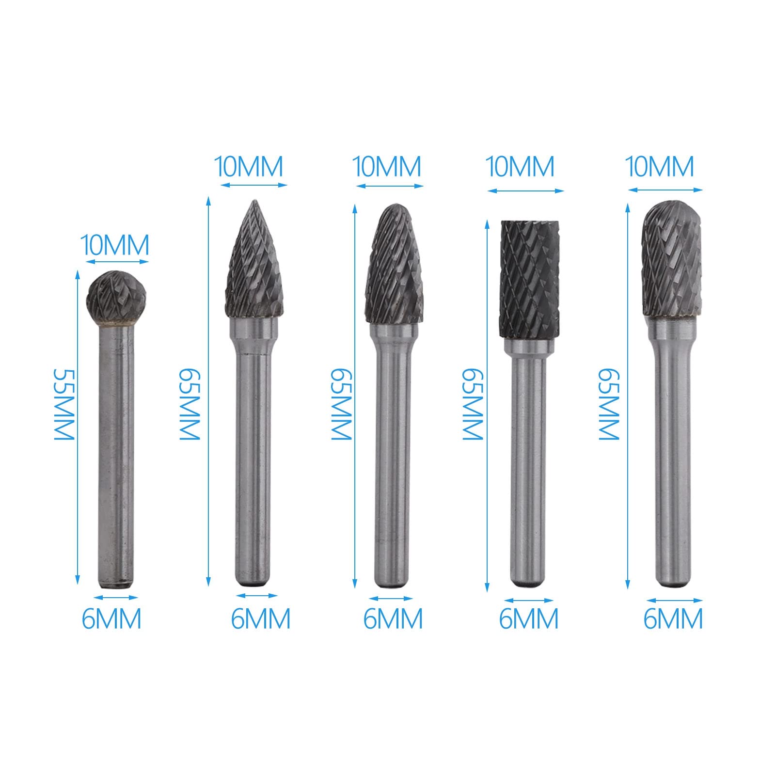5pcs Burr Set Tungsten Steel Burr Bits 6mm Shank 10mm Head Bits Burrs 65mm Length Point Burrs for Metal Non Metal Craft Carving Mold Manufacturing