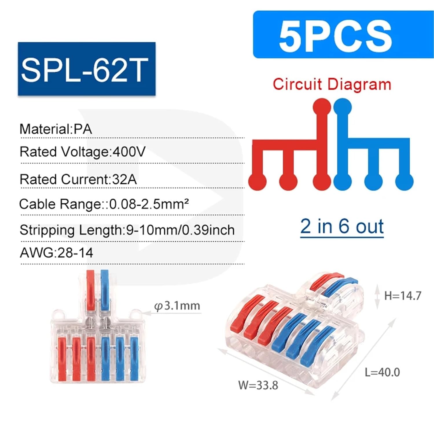 Quick Splicing Universal Cable Connector Wire Connector Push-in Conductor Lever Crimp Terminal Block Butt Connectors SPL 5Pcs(5PCS SPL-62T)