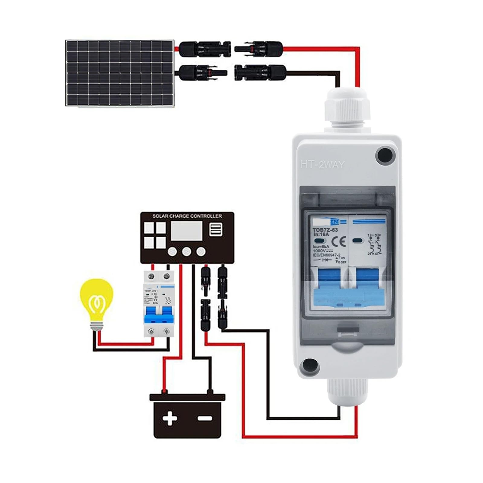 Solarna skrzynka fotowoltaiczna PVC z DC IP65, 2-drożna, 600/1000 V, 1 wejście, 1 wyjście DC z pasującymi przewodami, wodoszczelne pudełko