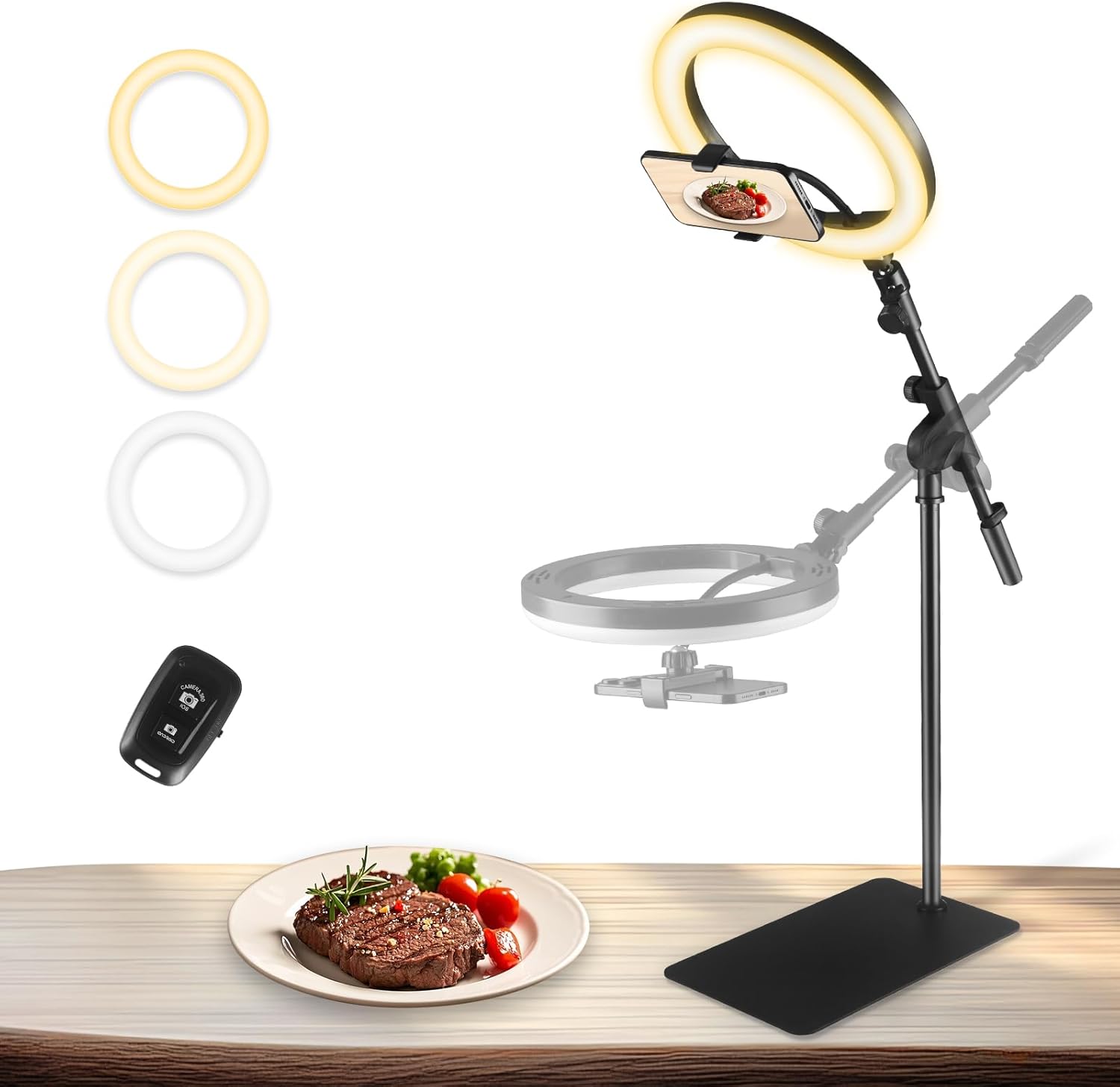 10" Ring Light with Stand for Desk, Adjustable Overhead Phone Mount with Ring Light, Phone Holder for Video Recording, Live Stream, Overhead Tripod for iPhone with Light