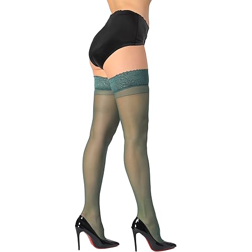DORALLURE Thigh High Stockings Silicone Lace Top Stay Up Silky Semi Sheer Pantyhose for Women Hold Up Nylon