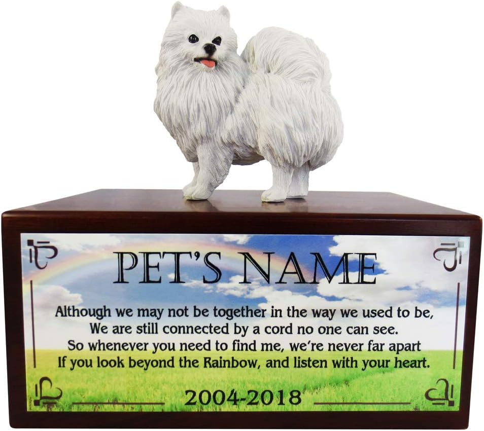 Conversation Concepts Beautiful Paulownia Small Wooden Urn with Miniature American Eskimo Figurine & Personalized Poem Beyond The Rainbow