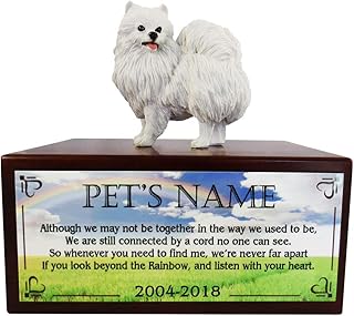 Conversation Concepts Beautiful Paulownia Small Wooden Urn with Miniature American Eskimo Figurine & Personalized Poem Beyond The Rainbow