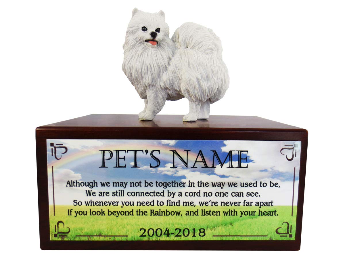 Conversation Concepts Beautiful Paulownia Small Wooden Urn with Miniature American Eskimo Figurine & Personalized Poem Beyond The Rainbow