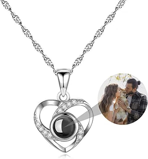 GFEI Personalised Photo Necklace Custom Photo Projection Necklace for Women Heart Photo Necklace I Love You Necklace 100 Languages for Mom Wife Mother's Day Necklace,A-Silver