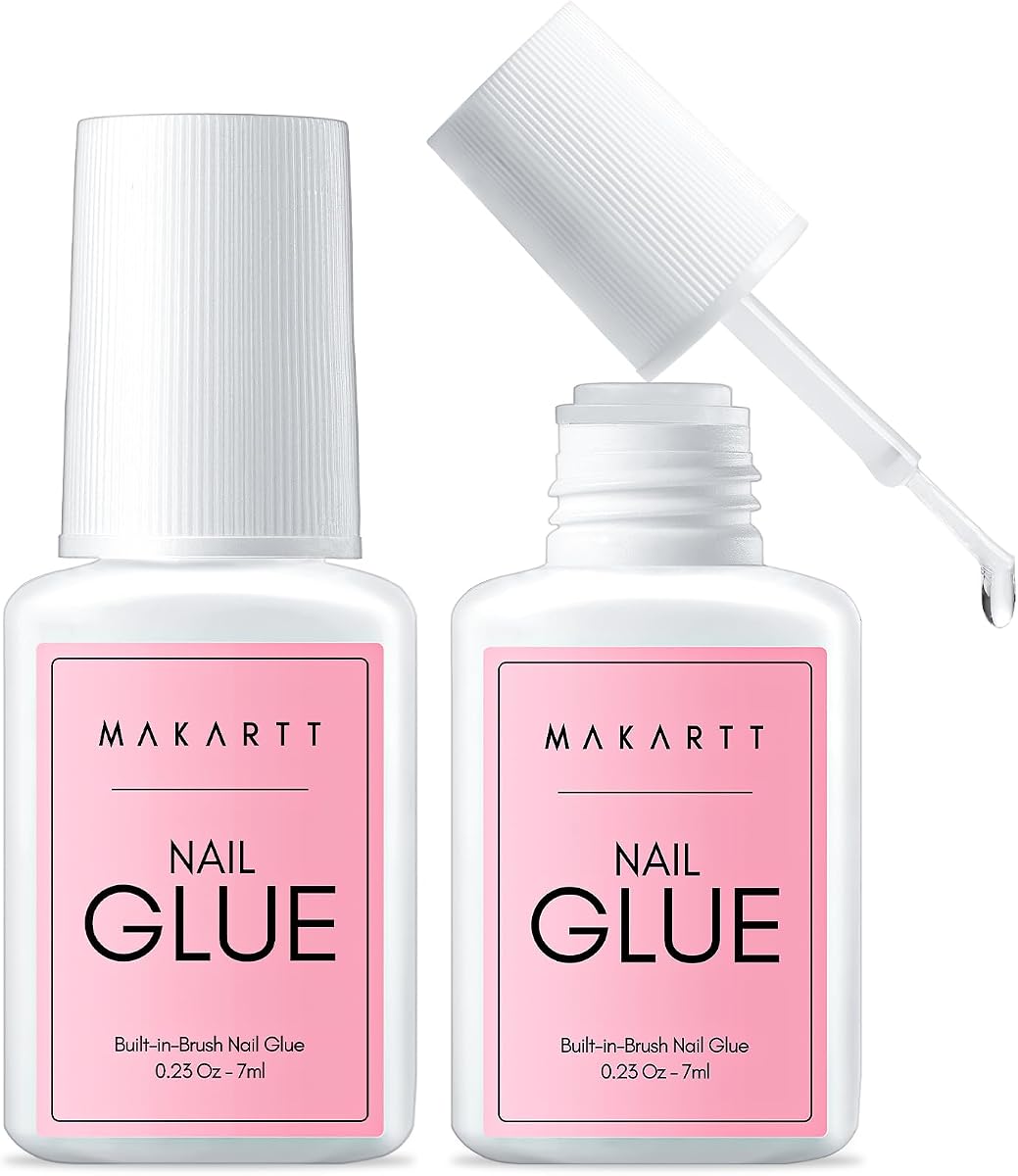 Makartt Pegamento de uñas rápido para uñas prensadas: puntas de uñas acrílicas, uñas postizas, calidad de salón, cepillo fuerte, secado rápido, fácil aplicación, sin necesidad de lámpara de uñas, duradero, 7 ml, 2 unidades, sin hema