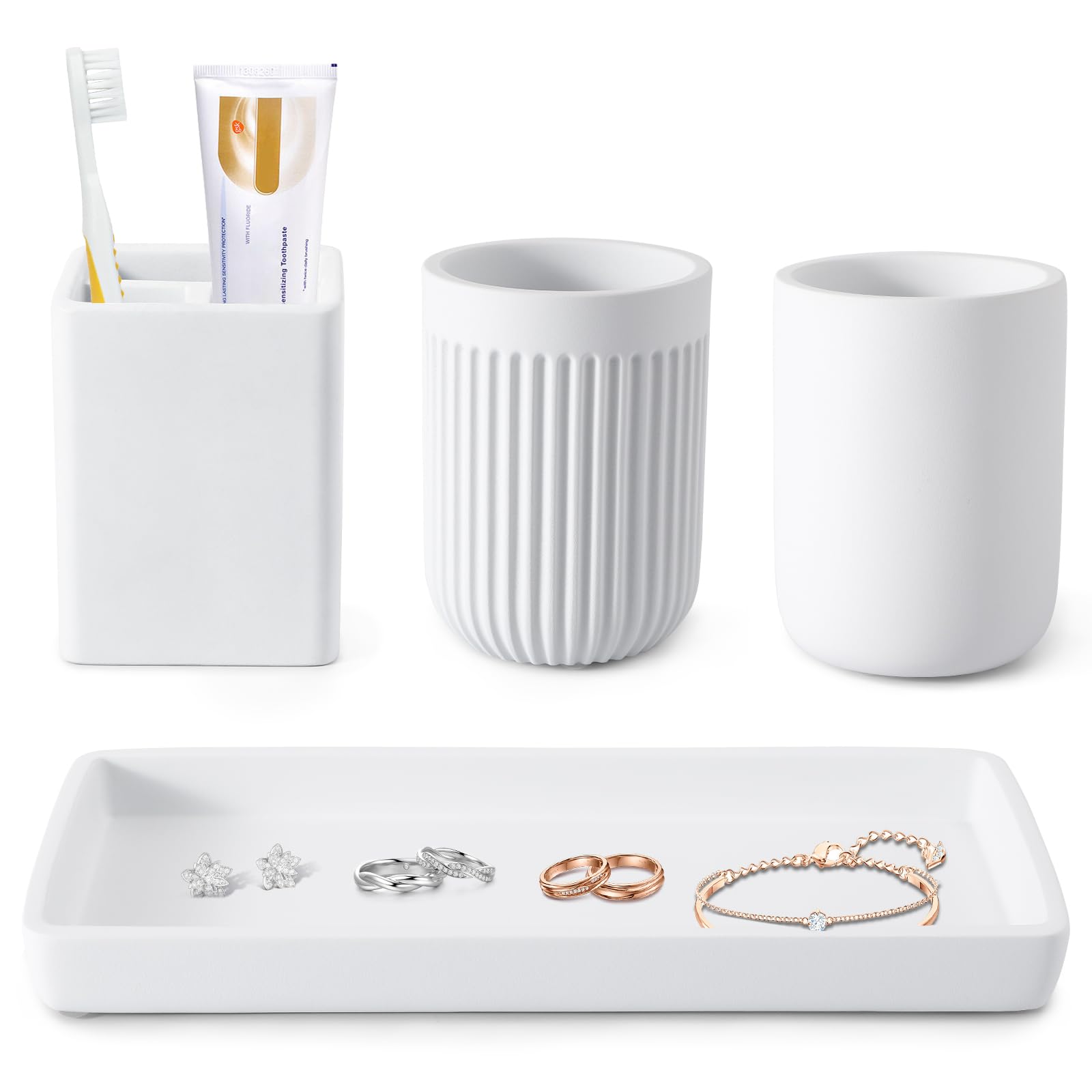 Resin Bathroom Toothbrush Cups Set with Holder and Tray, 4 Pcs Matte White Bathroom Accessories Set Counter Organizer for Sink Home Decor