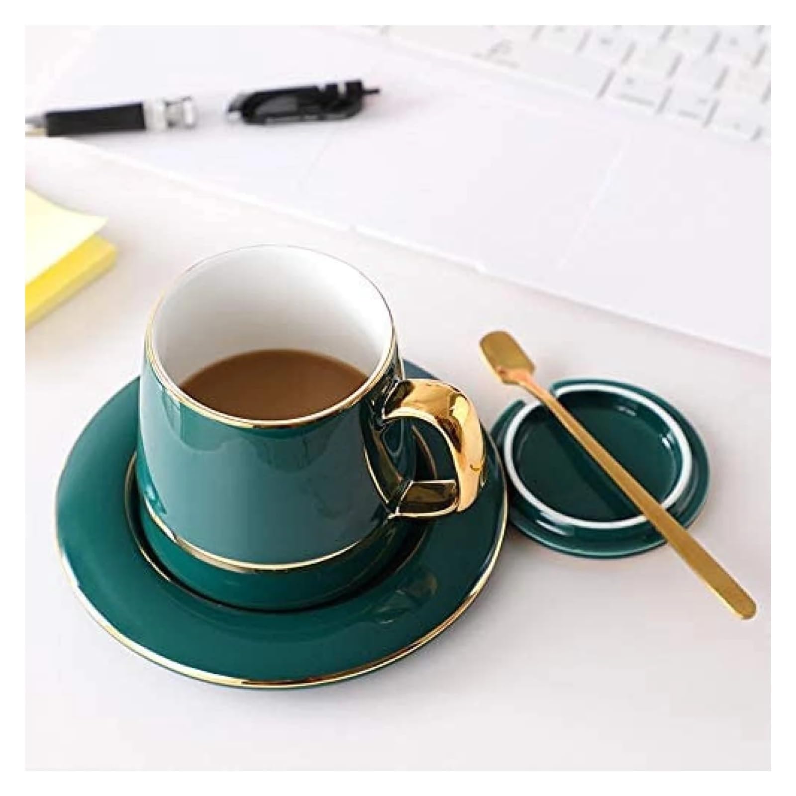 Tasse Mit Deckel Vintage-Design Keramik Kaffeetasse mit Deckel Holzgriff Retro Office Home Wassertasse einfaches Business-Trinken(White)
