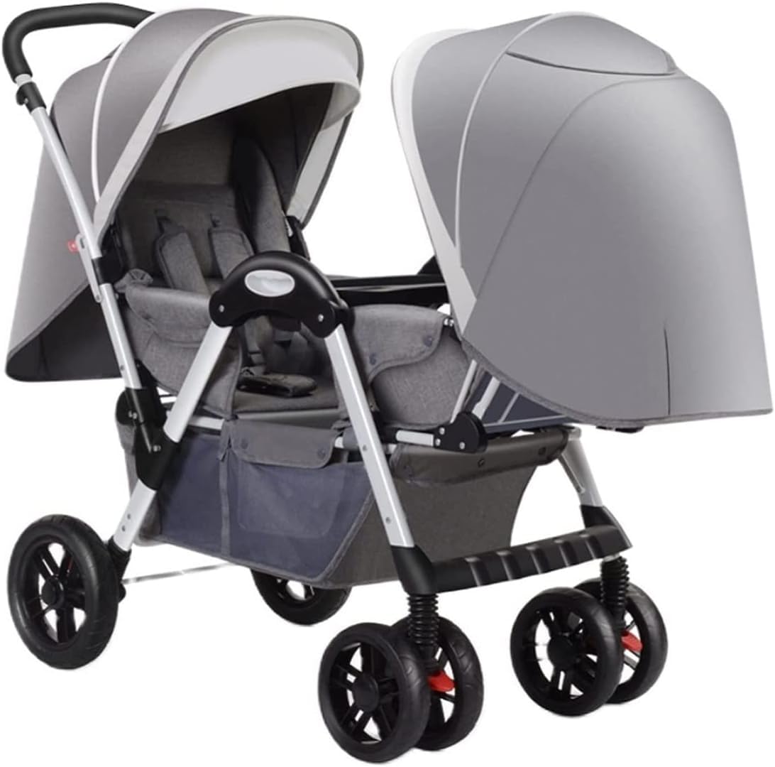 Passeggino Doppio Passeggino per Gemelli, Passeggino Tandem Gemellare Pieghevole con Schienale Regolabile, Passeggino Gemellare Leggero con Telaio in Alluminio E Cestino Portaoggetti, Grey
