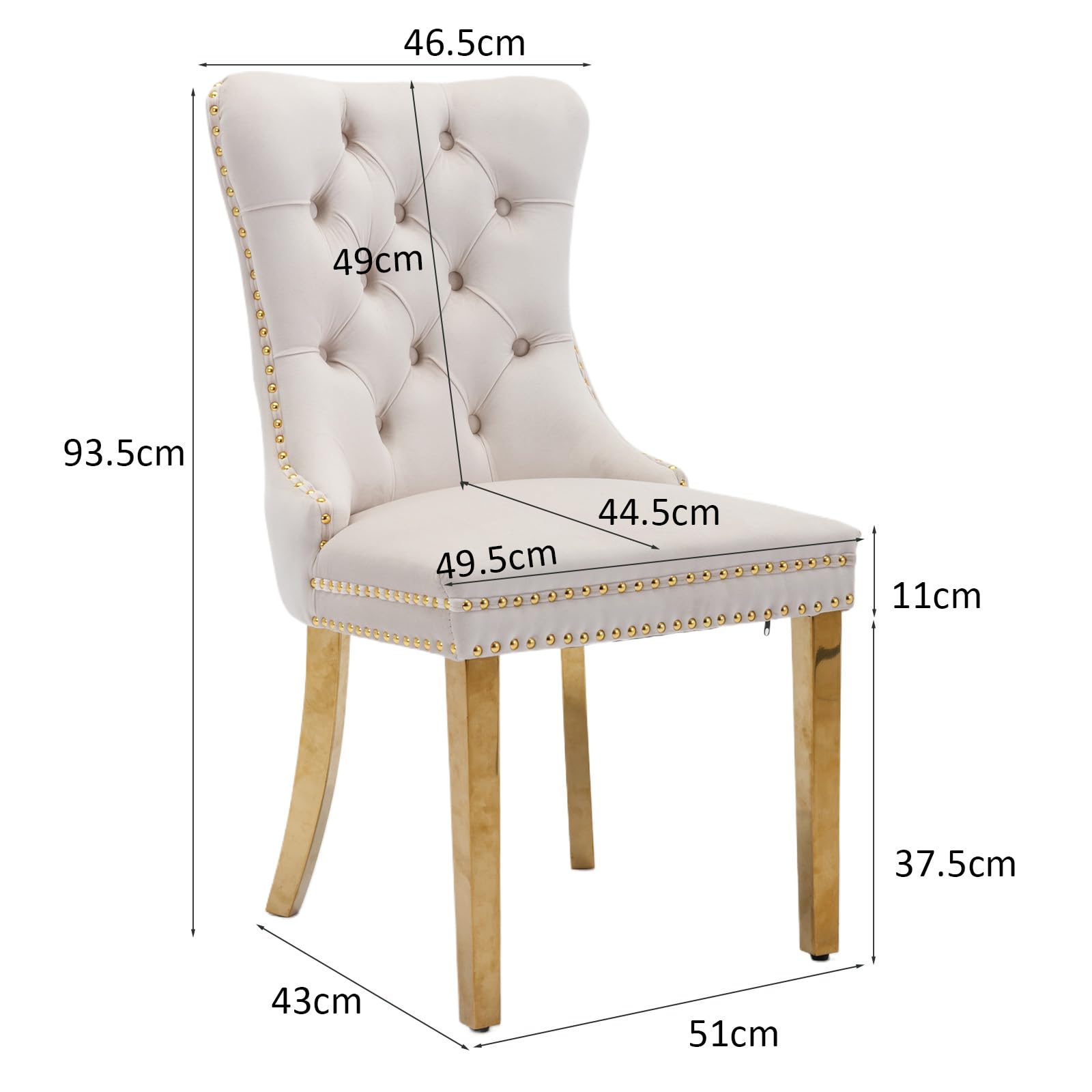 SoarFlash Sillas de Comedor en Terciopelo, con Espaldar ala Acolchado, Remaches de Clavos, Forro Remachado, Aro Decorativo Trasero y Patas en Metal Dorado, Juego de 6, Beige