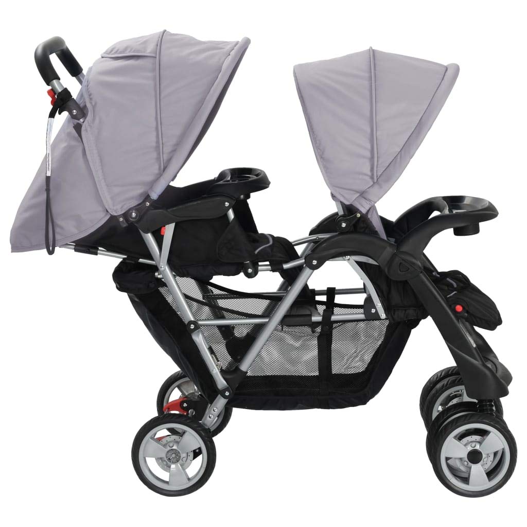 Kavolet Passeggino gemello, gemello, passeggino tandem per 2 bambini, passeggino da viaggio, passeggino 2 in 1, grigio e nero, 122,5 x 53,5 x 111 cm, in acciaio
