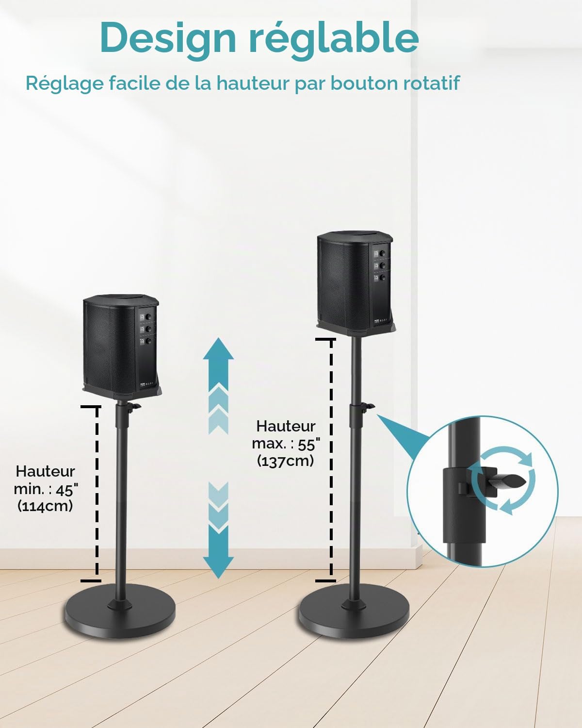Support réglable compatible avec Bose S1 Pro / S1 Pro Plus - Hauteur réglable de 114 à 137 cm - Haut-parleurs jusqu'à 9 kg - Support de sol pour Bose S1 Pro avec gestion des câbles