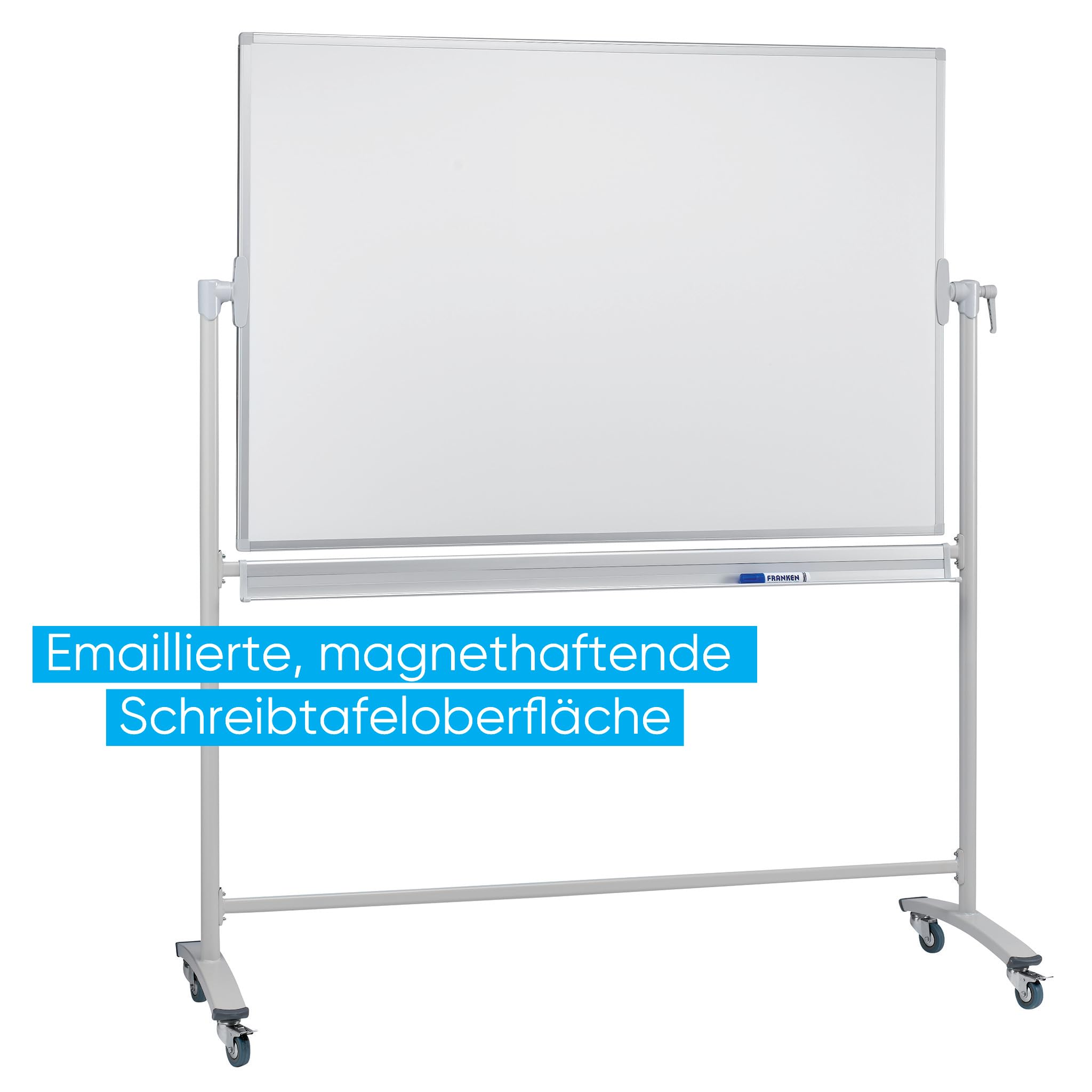 FRANKEN ST205 Tableau blanc mobile double face émaillé magnétique effaçable à sec avec support et roulettes avec cadre en métal et cadre pivotant 220 x 120 cm