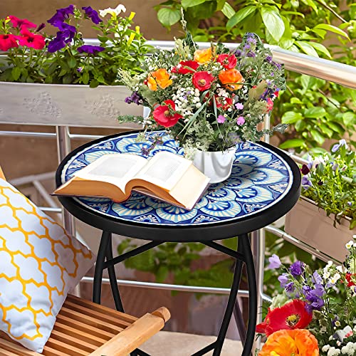 Katrawu Patio Side Table Outdoor Mosaic Table/Round Coffee Side Accent Table, Plant End Table With Ceramic Tile Top For Garden Patio Living Room Garden 14 Inch(Elegan) #TOP1