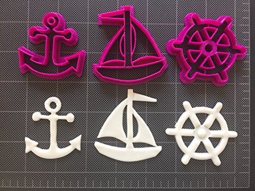Nautical Theme Fondant CutterCookie Topper 3pc - Sailboat Anchor Wheel
