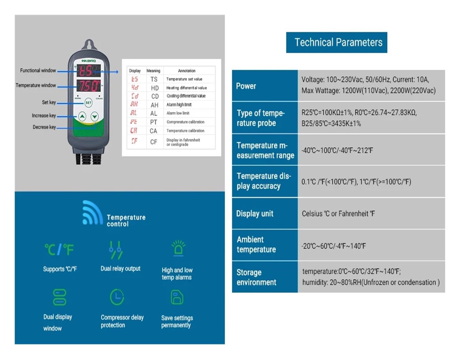 Controlador de temperatura de calefacción y refrigeración ITC-308, termostato de salida calibrable con sonda de acuario impermeable(AU 220V)