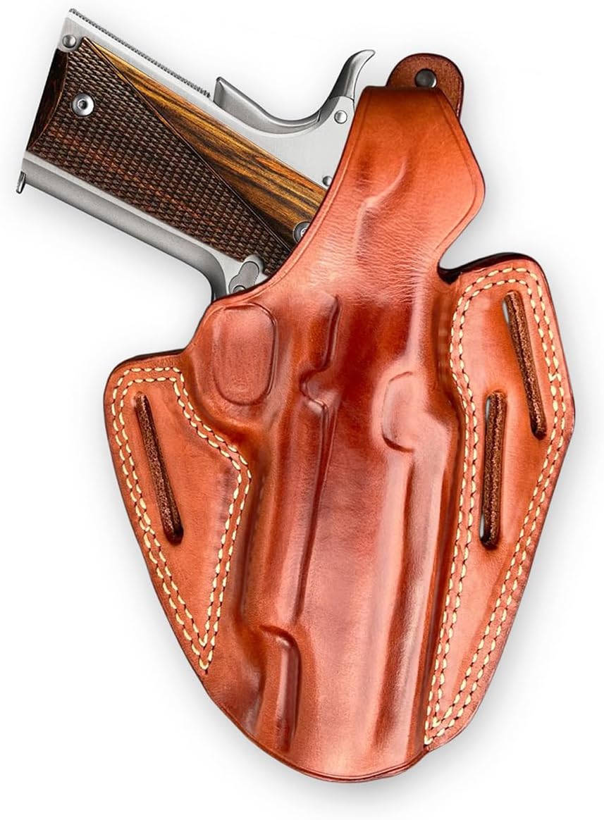 Masc Premium Leather OWB Three Slot Pancake Holster with Thumb Break Fits 1911 w/Rail 5-inch, Right-Hand Draw, Brown Color #1149#