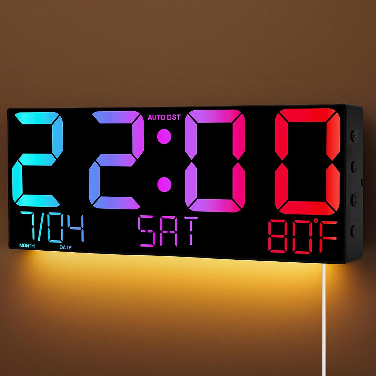 16" Large Digital Wall Clock, Corded RGB LED Clock for Classroom | Temp, Seconds, Countdown with Remote Control, USB Powered, Large Display, for Living Room, Elderly, Wall Mounted, Auto DST