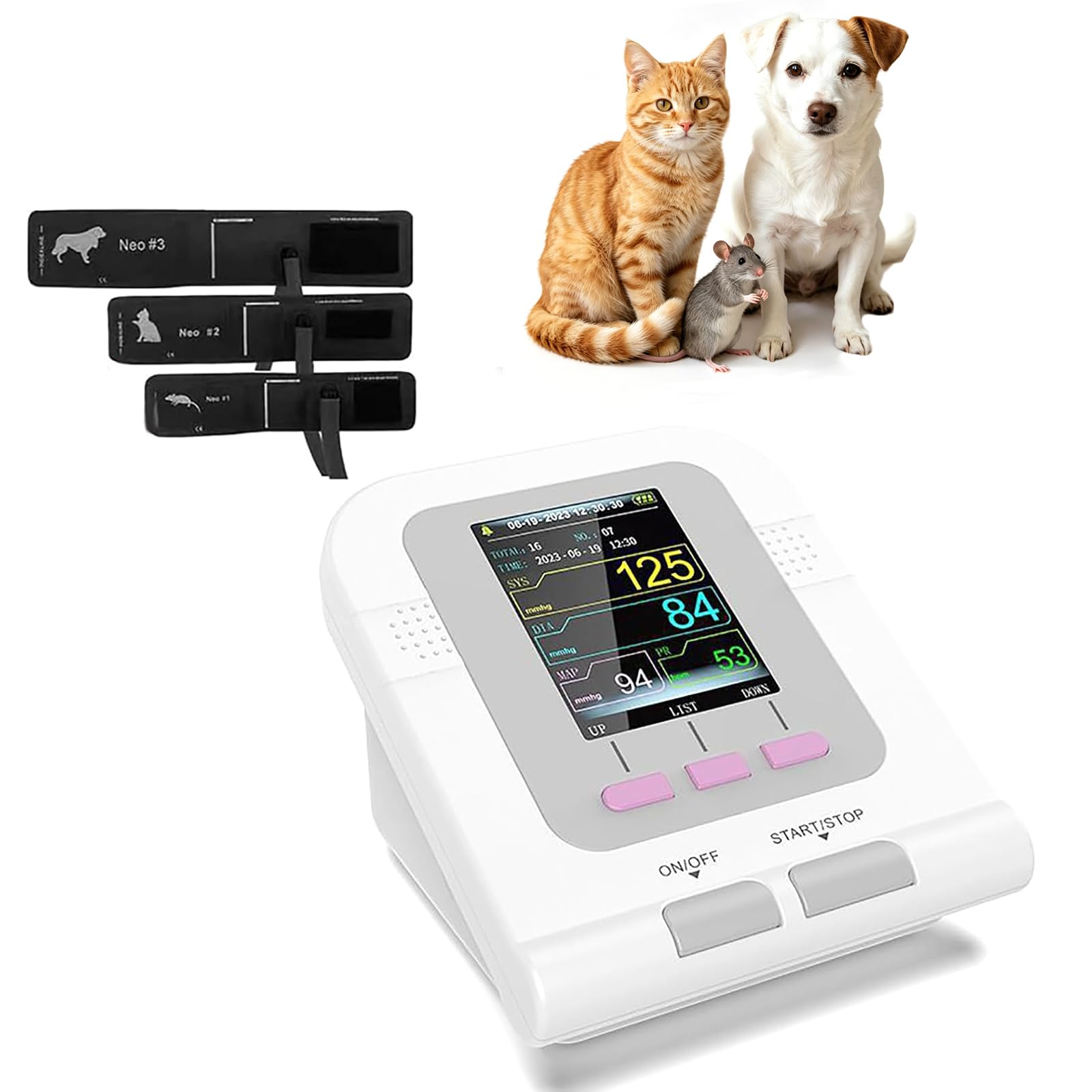 Monitor De Presión Arterial para Perros Y Gatos, Esfigmomanómetro Electrónico Digital con 3 Brazaletes Y Pantalla LCD De 2.8 Pulgadas, 3 Modos Y Memoria para 100 Registros De Datos