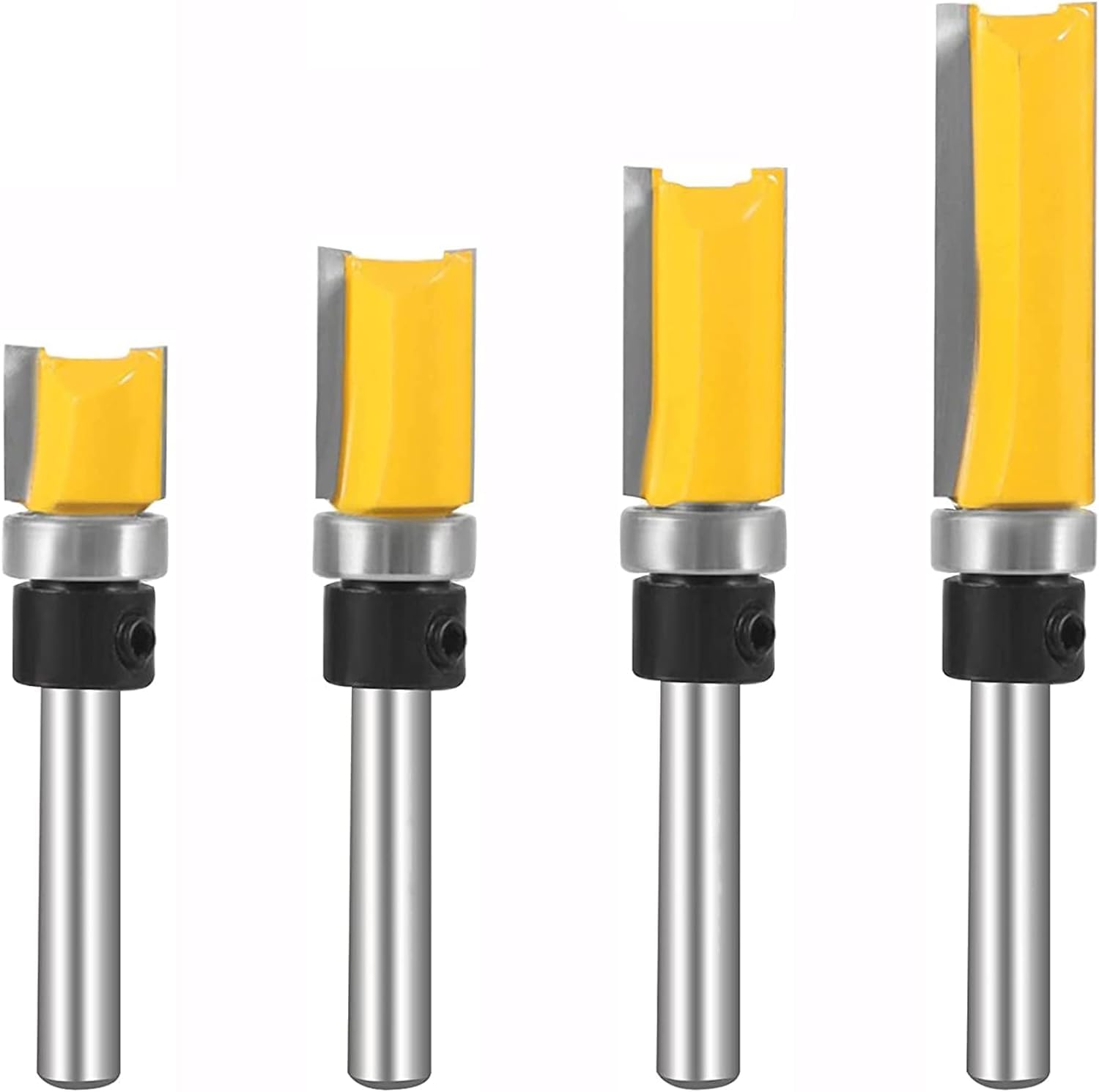4 Pz Fresa a Taglienti Diritti 1/4" Shank con Cuscinetto Set per Rifilare e Lavorazione del Legno 6.35mm, Fresa per Scanalature e Frese Dritte