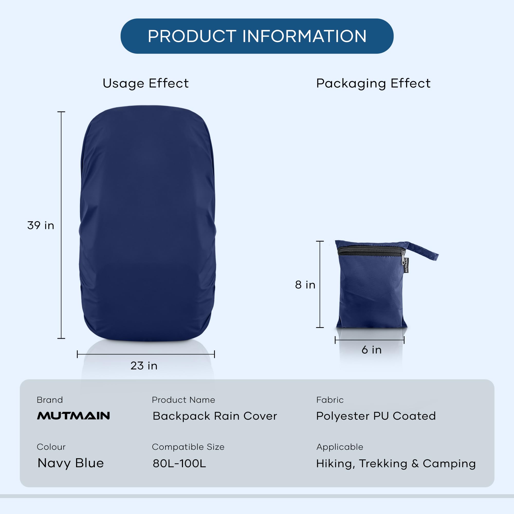 MUTMAIN Waterproof 80L to 100L Rain Cover for Rucksack Backpack Bag, Suitable Bags Cover for Hiking, Camping & Trekking XXL Bag, Two Side Adjustable Buckle and Elastic Protect from Rain (Navy Blue) 3