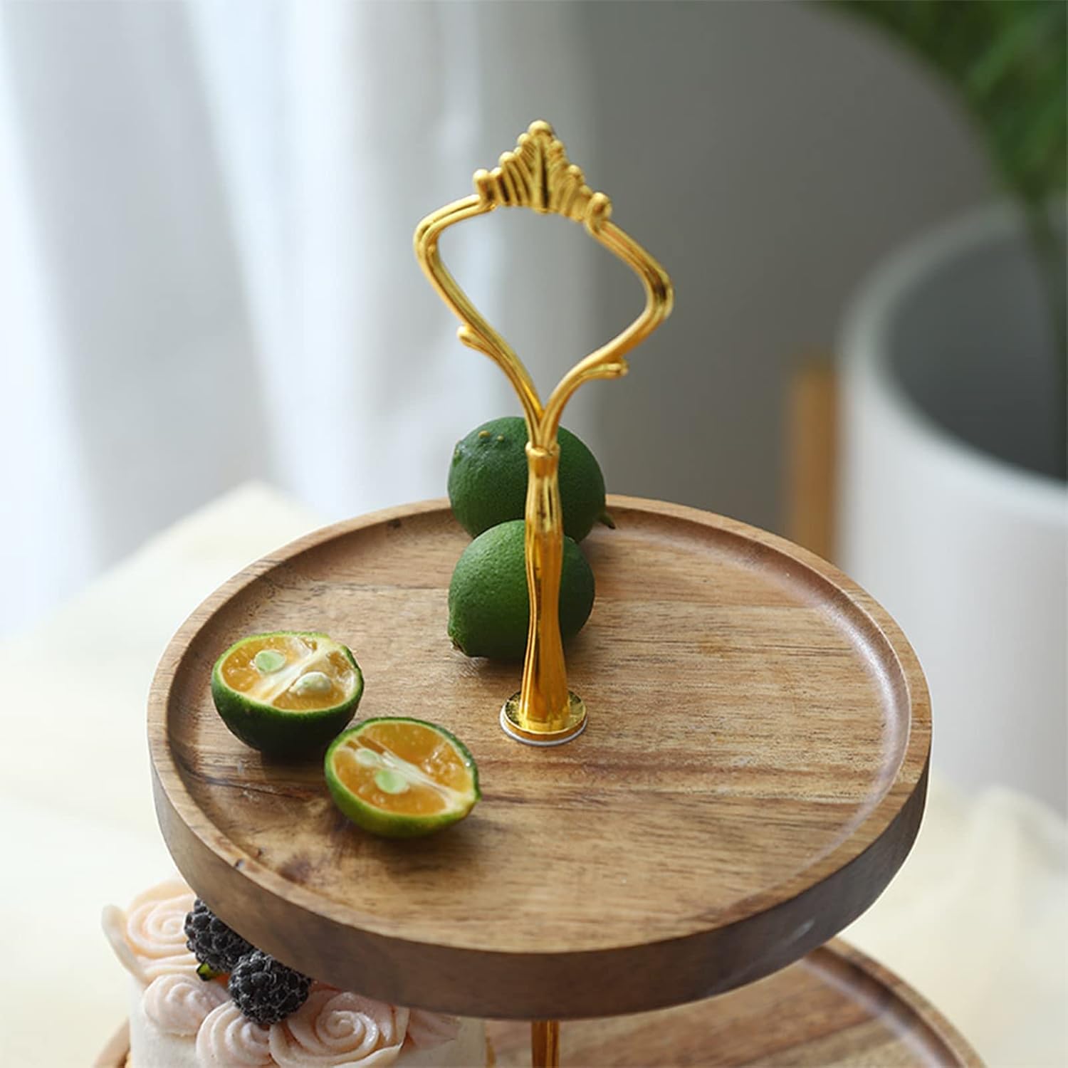 Tiered Stand Tower Wooden Multi-Layered Fruit Plate, Table Organizer with Metal Stand, Candy Plate for Afternoon Tea Dinner Party Big Birthday Tiered Tray Stand Dessert Tree Tower(Size:L,Color:Gold)
