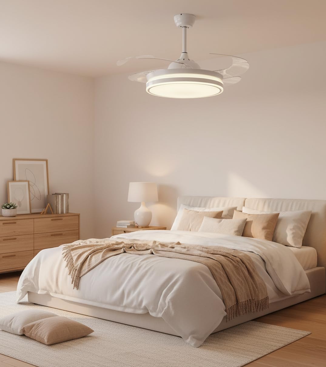 BEL AIR HOME Ventilatore da soffitto ASGARD motore DC silenzioso, pale trasparenti 108 cm, luce LED 36 W 3 temperature, telecomando, modalità inverno, bianco