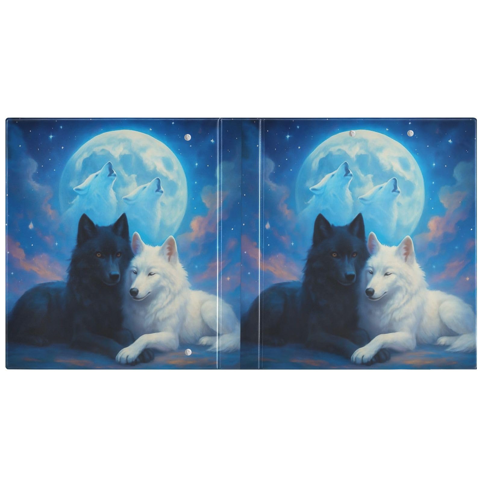 Raccoglitore a tre anelli stampato, 3,8 cm, raccoglitore ad anelli a D con tasche, raccoglitore decorativo per scuola, università o ufficio, lupo bianco e nero