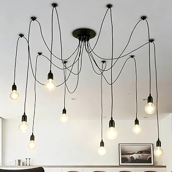 Örümcek avize, sarkıt lamba, E27 vintage, endüstri, kendin yap, retro sarkıt lamba, yatak odası, oturma odası, yemek odası, otel dekorasyonu için sarkıt lamba (ampulsüz) (siyah, 8 lamba) [Enerji Sınıfı A+++]