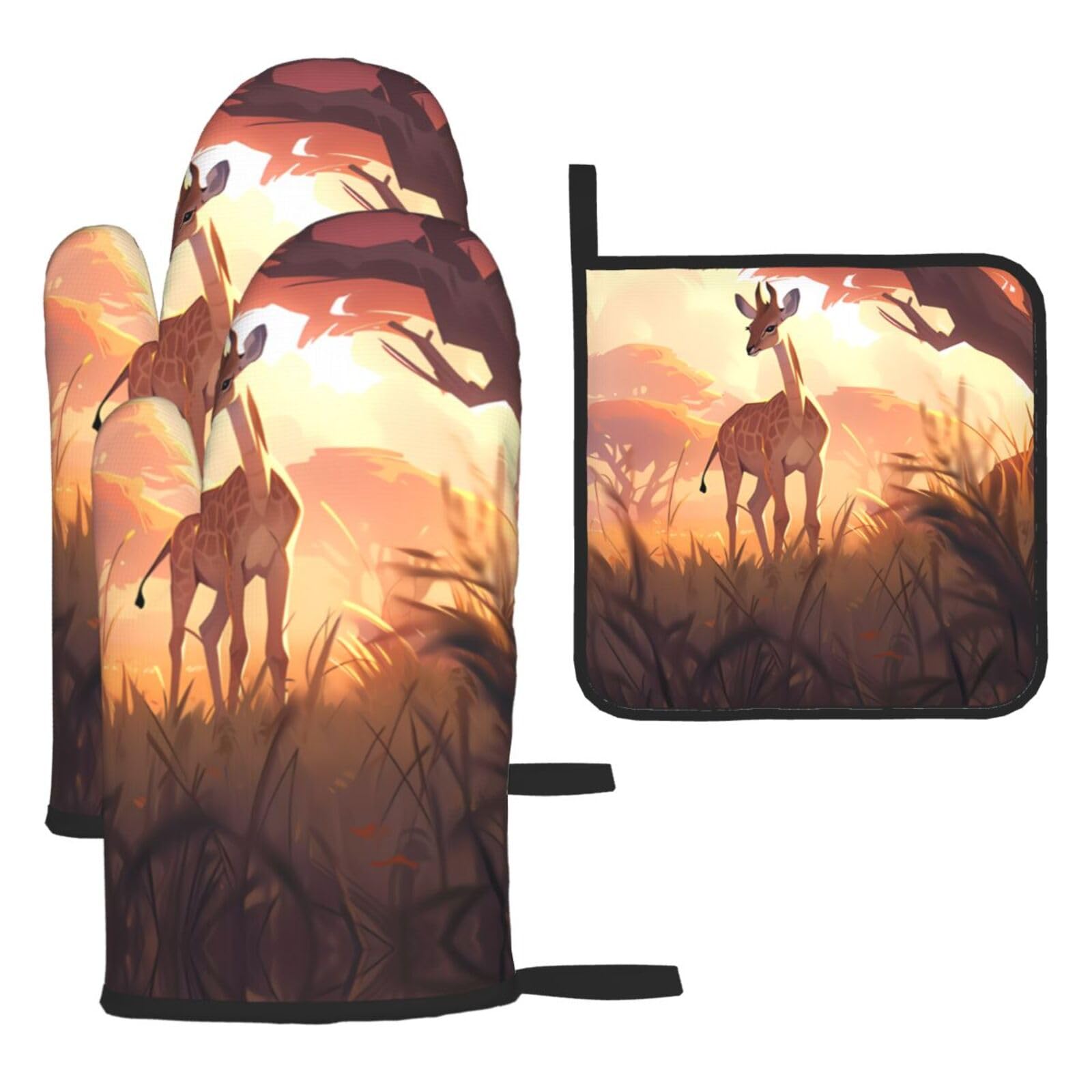 African savannah giraffe calf Oven mittens and oven mitts three-piece set suitable for oven, grilling, baking, microwave and home cooking.