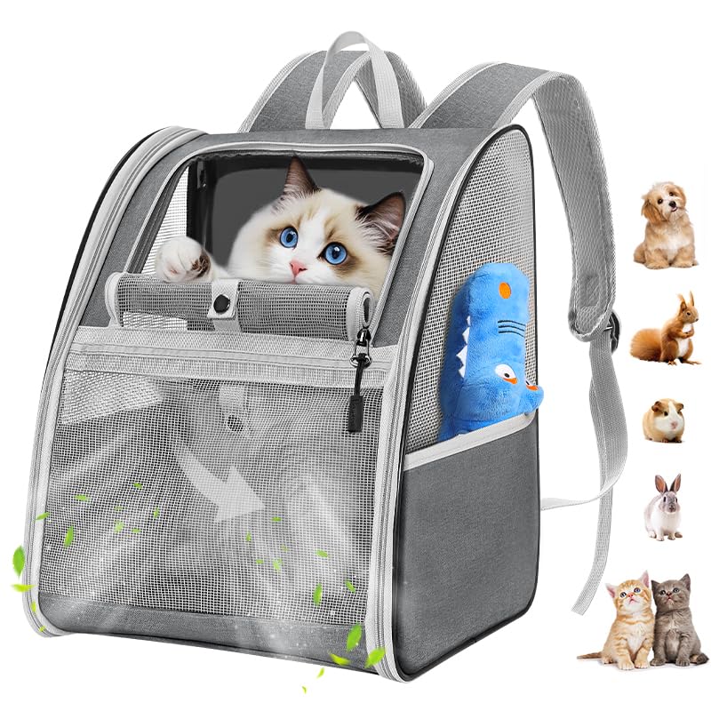 Pawaboo Zaino per Gatti Cani, Borsa per Animali Piccoli, Zaino da Viaggio per Gatti Cani Fino a 10 kg, Contenitore da Trasporto Traspirante con Supporto, Borsa per Viaggio Passeggiata, Grigio Scuro
