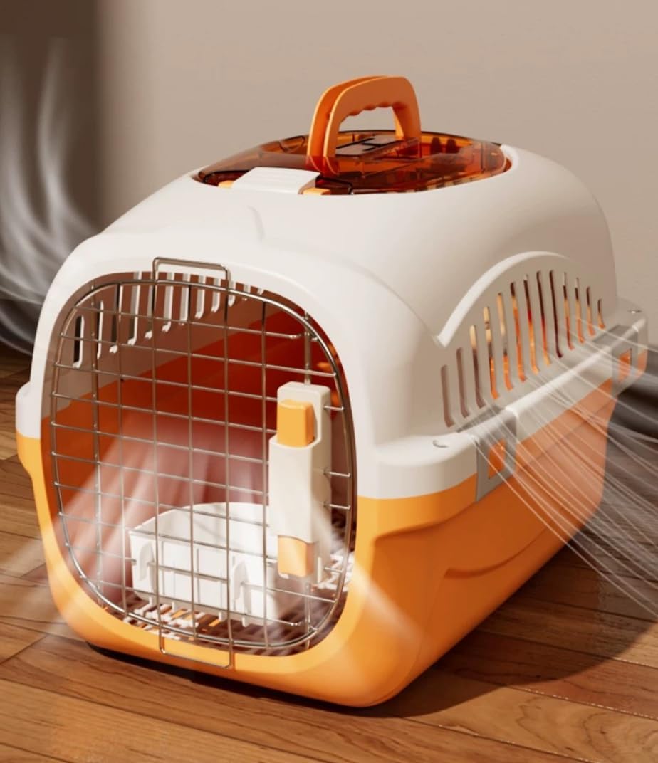 Hard Cat Carrier Top Load Sturdy Plastic Pet Travel Kennel with Roof Petting Hatch Metal Wire Door,360°Ventilation Hard Shell Crate Two-Door Plastic Pet Kennel,Portable for Cats Small Dogs (Orange)