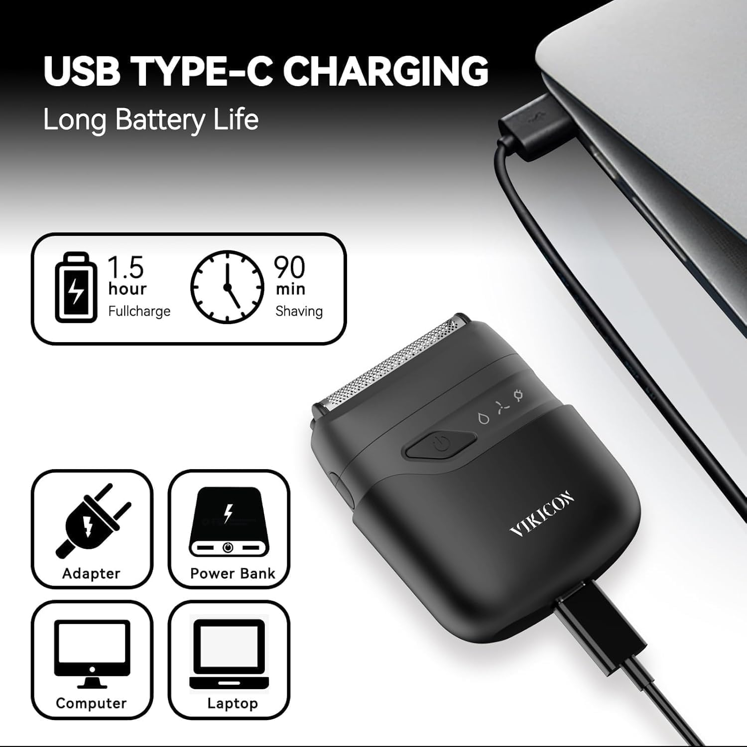 VIKICON Folienrasierer Herren, Mini Rasierer Herren Elektrisch, Elektrorasierer für Bart & Gesicht, Trockenrasierer Herren Elektrisch, USB-C Wiederaufladbar, Ideal für Reisen (Schwarz)