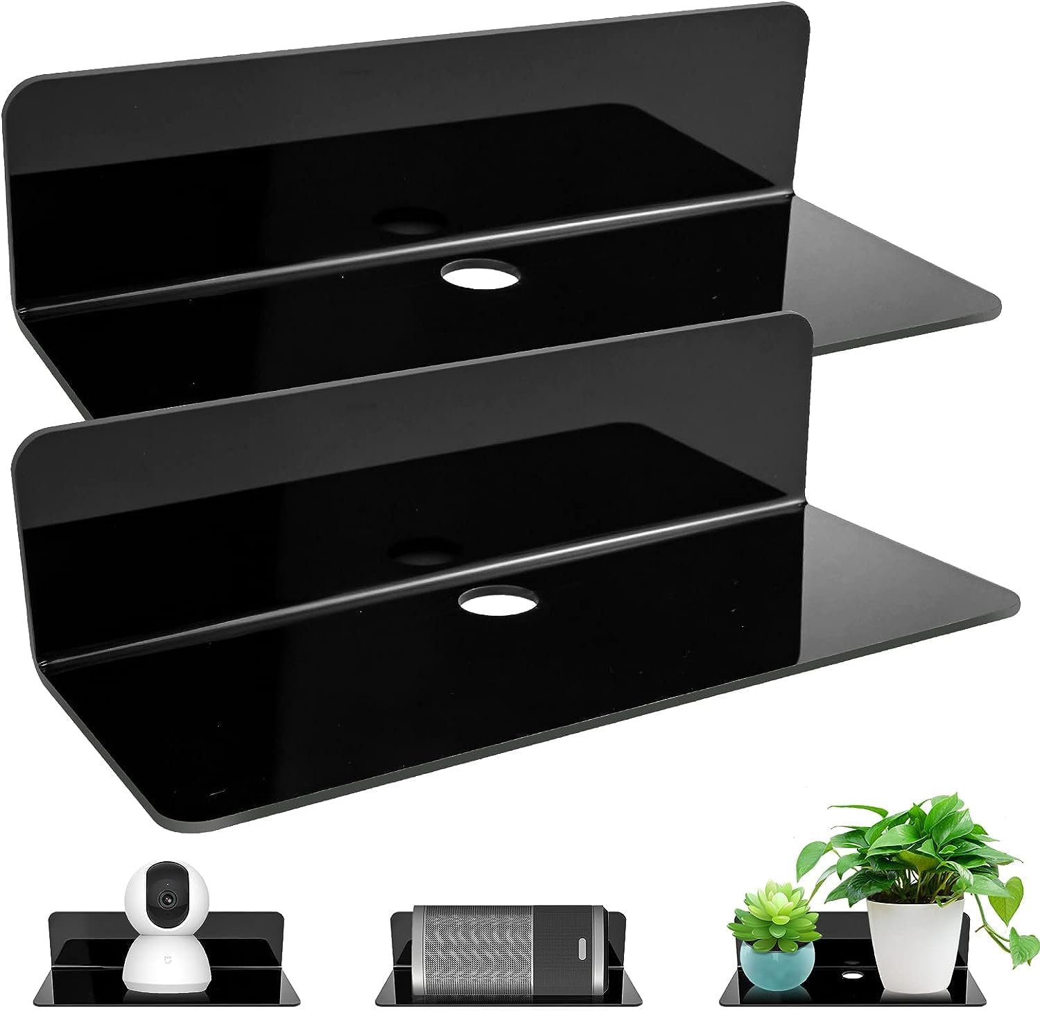 Brikipth Black Floating Wall Shelves Set of 4, Small Self Adhesive Wall Shelf No Drill Display Shelf, Easily Expand Wall Space Acrylic Shelves for Bedroom, Living Room, Bathroom, Kitchen-image-5