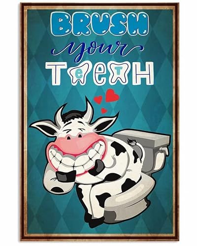 Brush Your Teeth Milk Cow Bathroom Gifts Housewarming Party Homeowners Poster Tin Sign Wall Decor Metal Sign Home Bar Garage Tin Sign 12x16inch